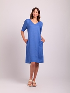 Foil Linen V Neck Puff Sleeve Dress