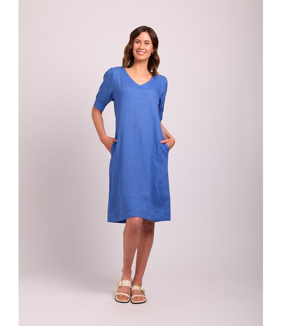 Foil Linen V Neck Puff Sleeve Dress